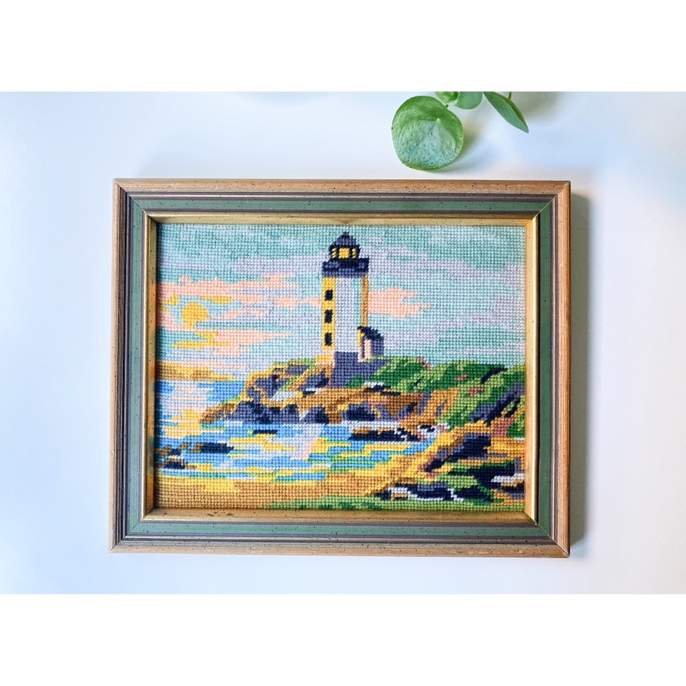 Vintage Framed Lighthouse Needlepoint 1976 Coastal Beach Cottage Wall Decor - Picture 8 of 11